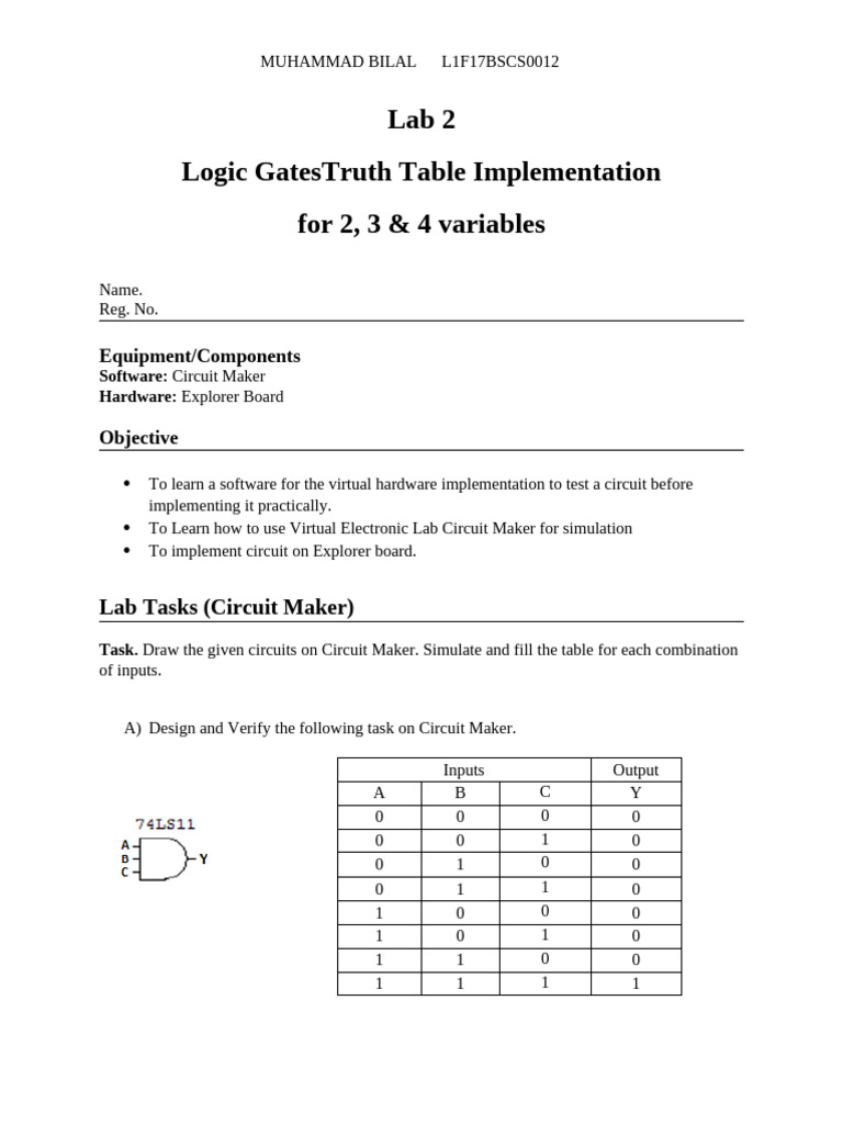 Lab 2 logic gatestruth table implementation for 2 3 4 variables pdf