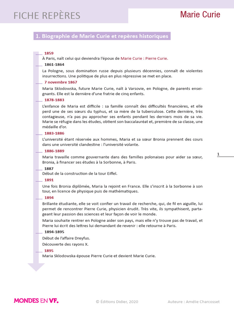 Marie Curie Enseignant Fiche Reperes | PDF