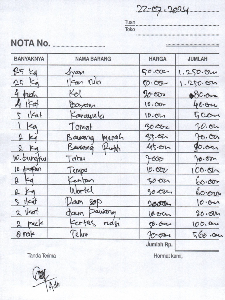 Nota Dan Form Penerimaan Barang 22 Juli 24 | PDF