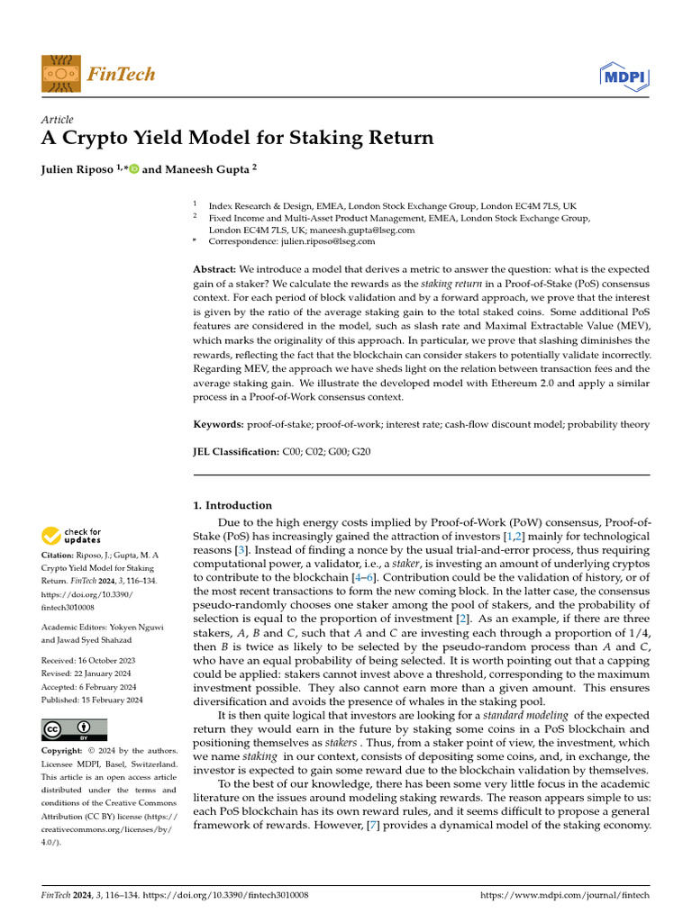 A Crypto Yield Model For Staking Return | PDF