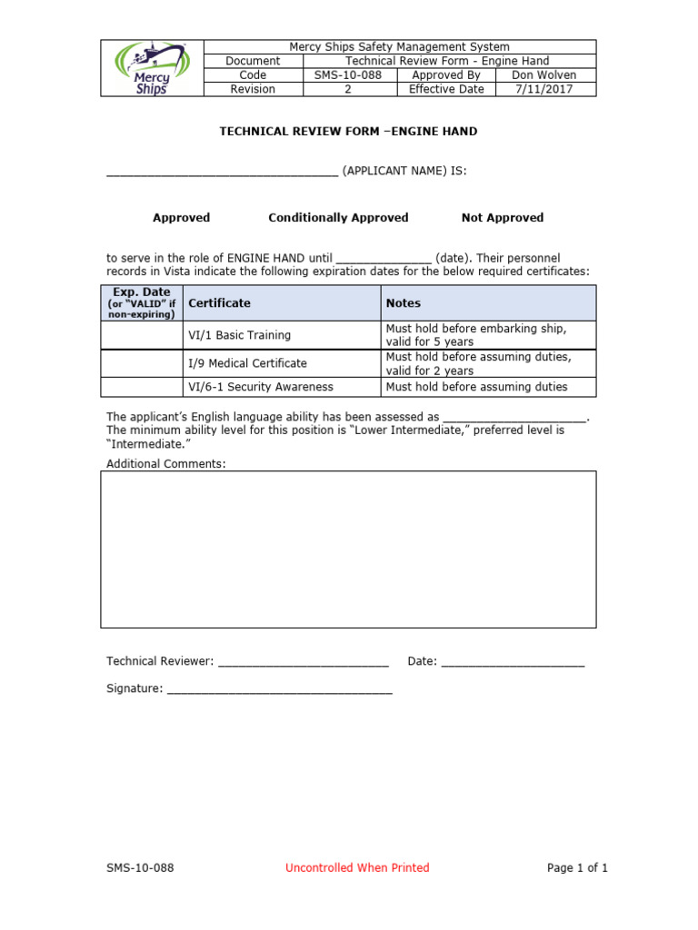 SMS-10-088 Technical Review Form - Engine Hand | PDF