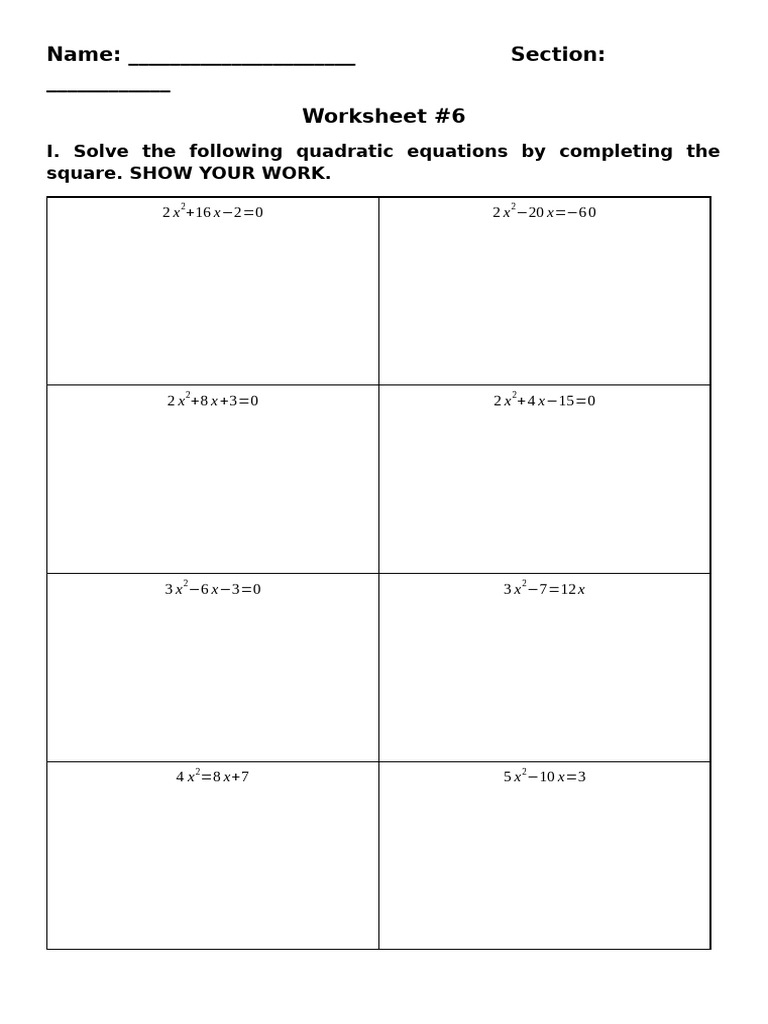 Worksheet #6 - Solving Quadratic Equations by Completing the Square | PDF