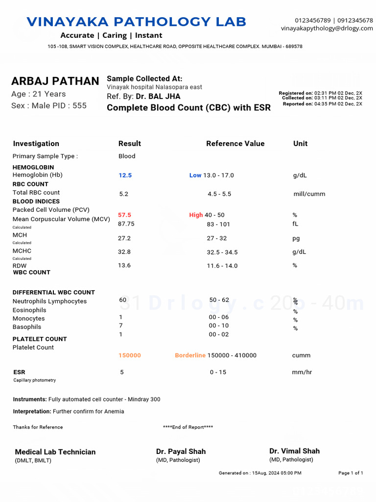 CBC With ESR Test Report Format Example Sample Template Drlogy Lab ...