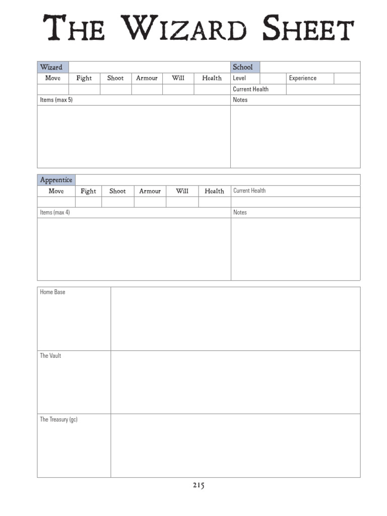 Frostgrave Wizard Sheet Form Fillable | PDF