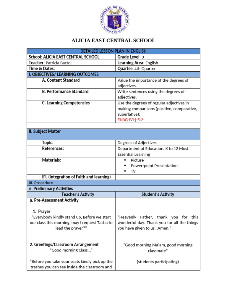 Dlp English Iii Q 4 Degrees Of Adjectives Pdf