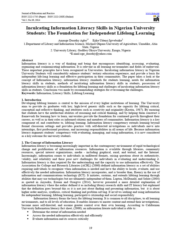 Inculcating Information Literacy Skills in Nigerian University Students ...