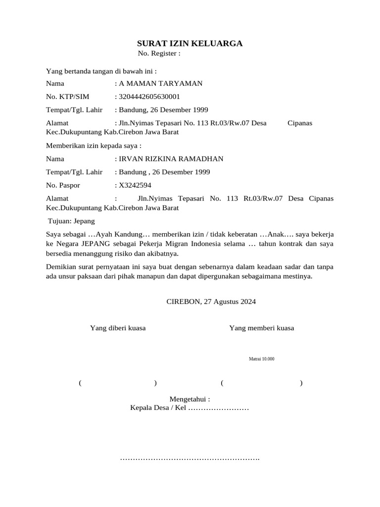 Surat Izin Keluarga (TTD Kades) | PDF