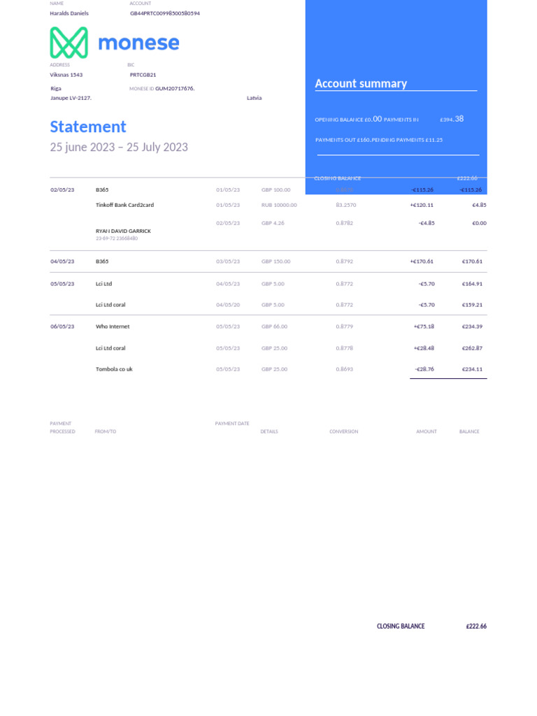 Monese Account Statement Summary | PDF | Financial Services | Banking