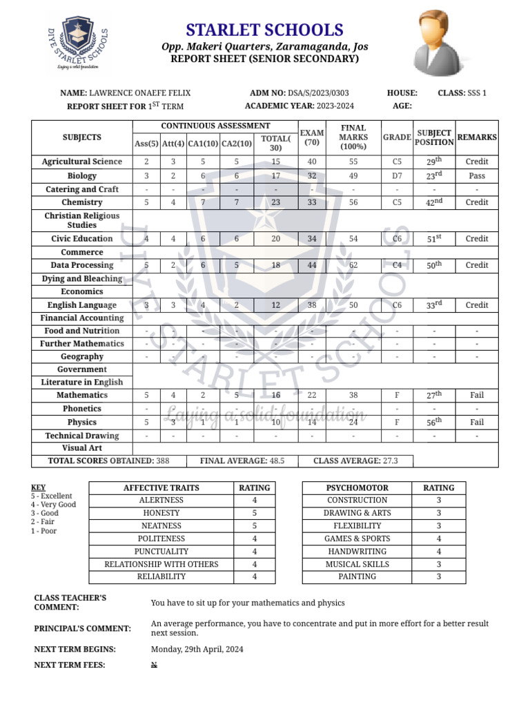 Student Marksheet - LAWRENCE ONAEFE FELIX | PDF