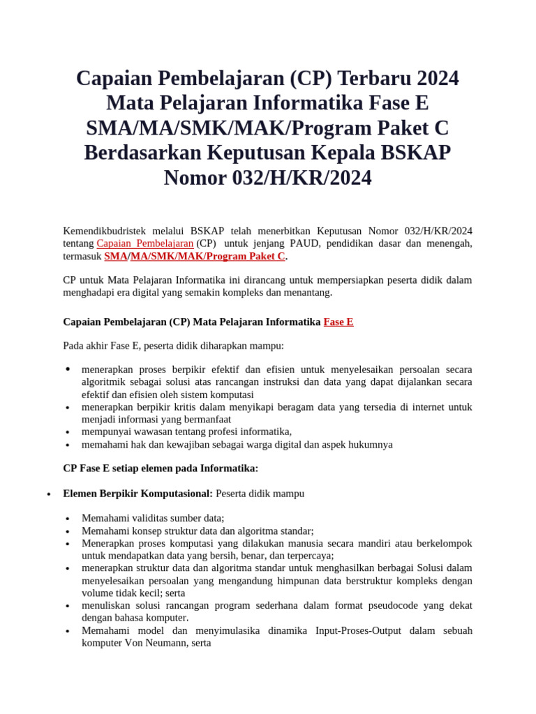 Capaian Pembelajaran Informatika Terbaru | PDF