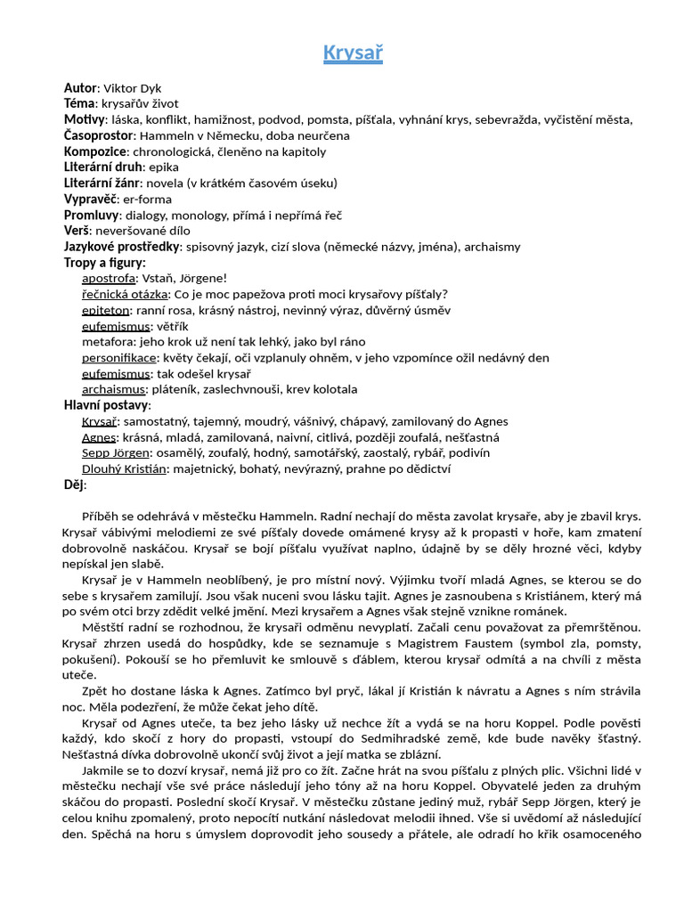 Krysař Rozbor K Maturitě | PDF