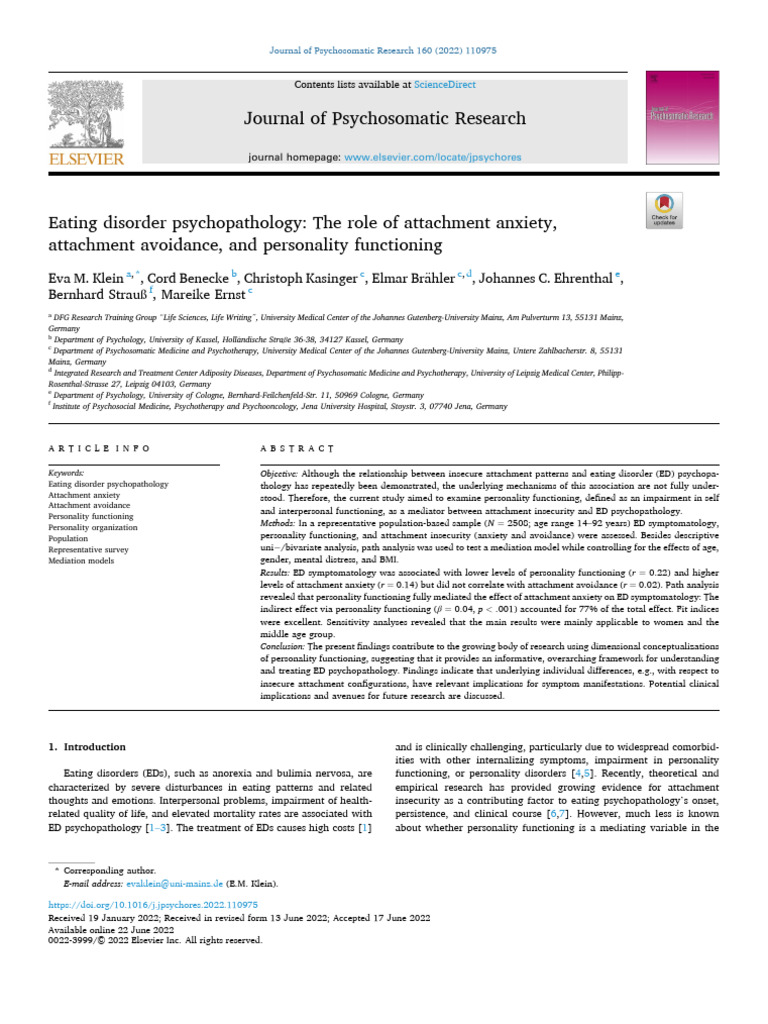 Eating Disorder Psychopathology The Role of Attachment Anxiety | PDF