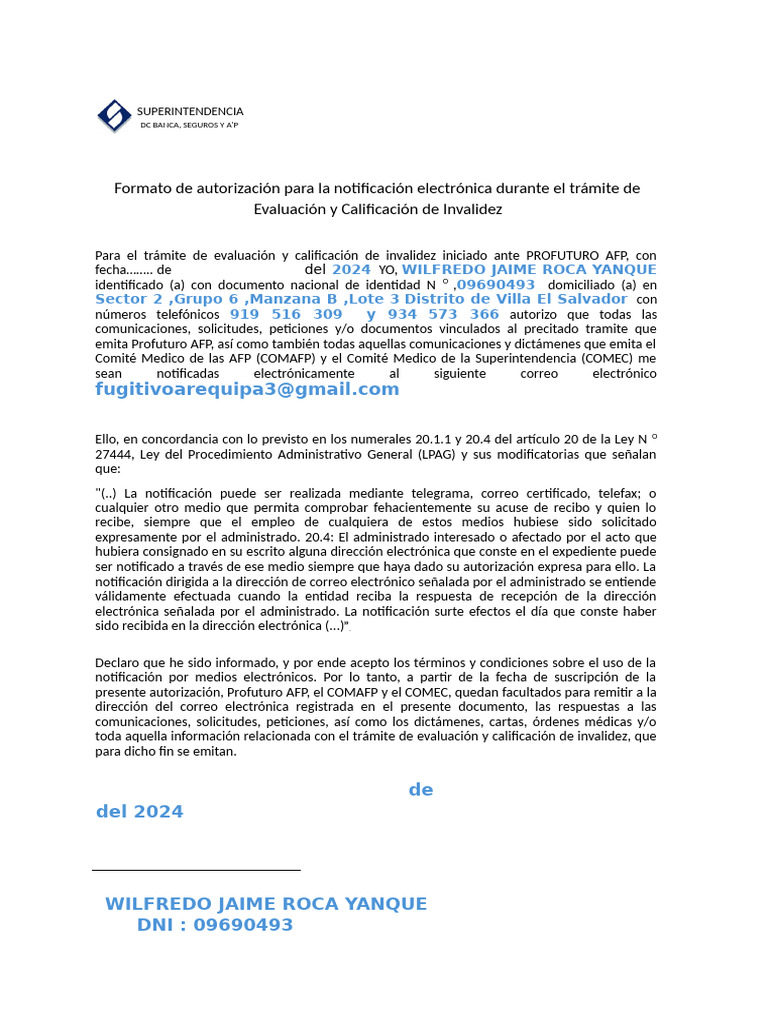 Afp Profuturo Formato para Autorizacion Correo Email Wilfredo Roca | PDF