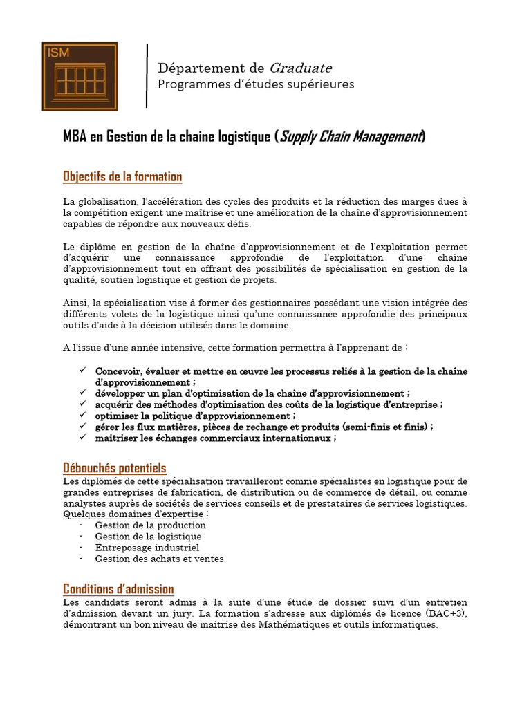 MBA en Gestion de La Chaine Logistique - Supply Chain Management | PDF