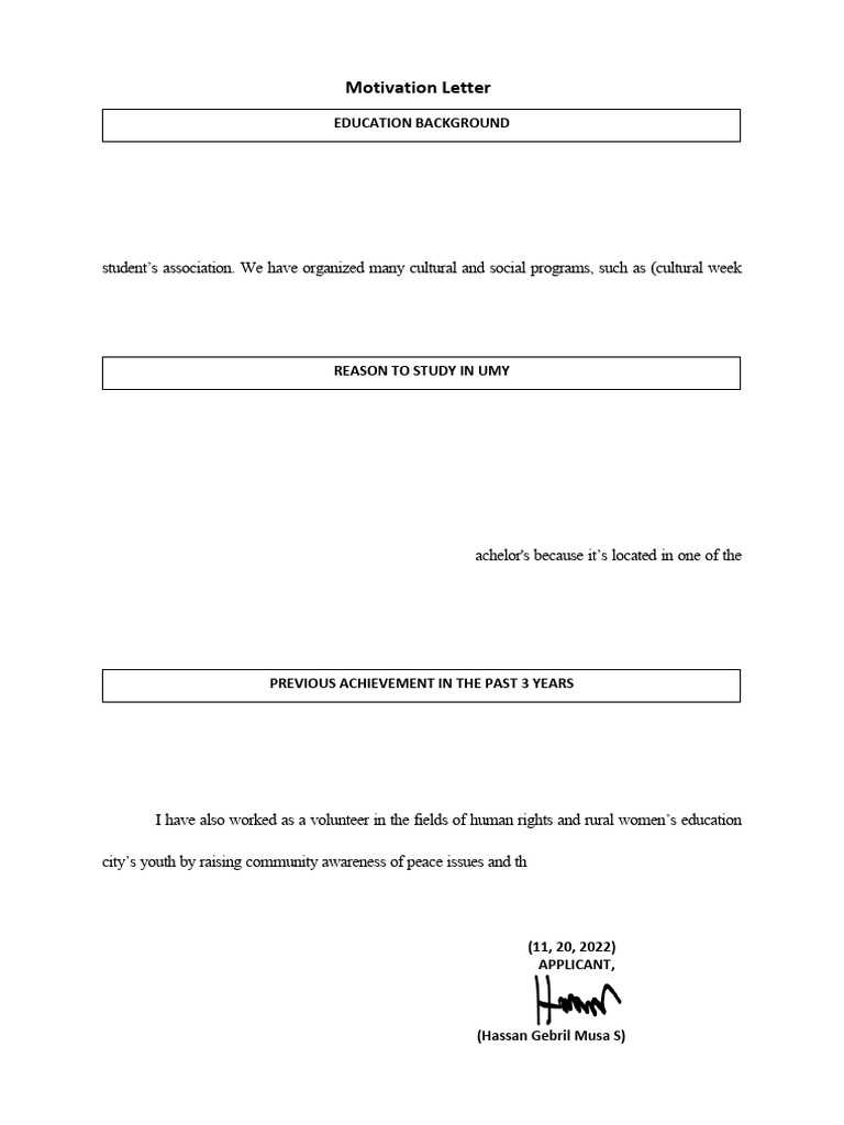 Motivation Letter for UMY Application | PDF | Sudan | Social Psychology