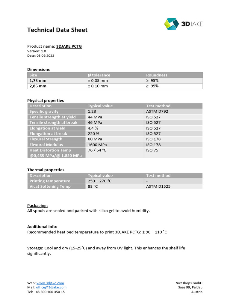 Technical Data Sheet 3djake PCT | PDF