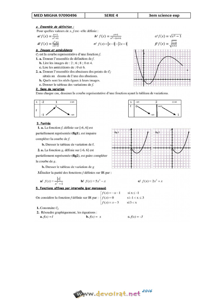 Série D'exercices - Math - Generalite Sur Les Fonction - 3ème Sciences ...