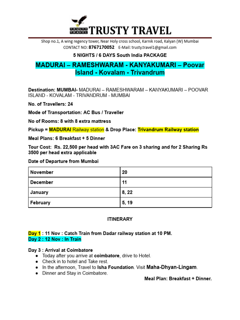 3 Madurai Rameshwaram Kanyakumari Poovar Kovalam Trivandrum Group Tour