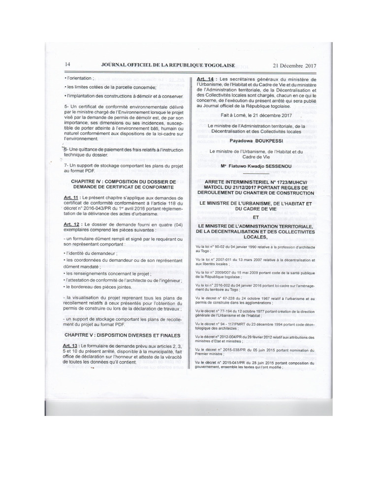 Arrete 1723 Regles de Deroulement Du Chantier de Construction | PDF
