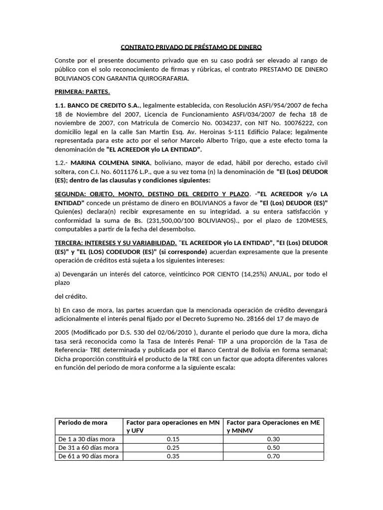 Contrato Privado de Préstamo de Dinero | PDF