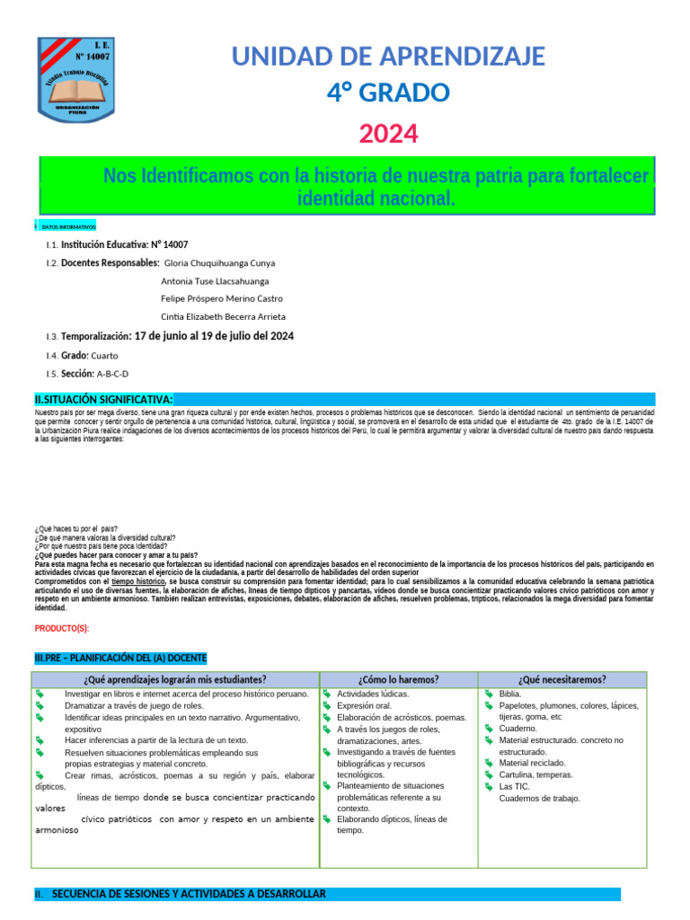 Unidad de Aprendizaje 4° Grado 2024 | PDF | Aprendizaje | Investigación ...