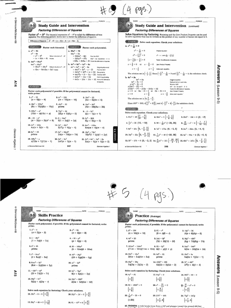 Factoring Special Cases Answer Keys | PDF