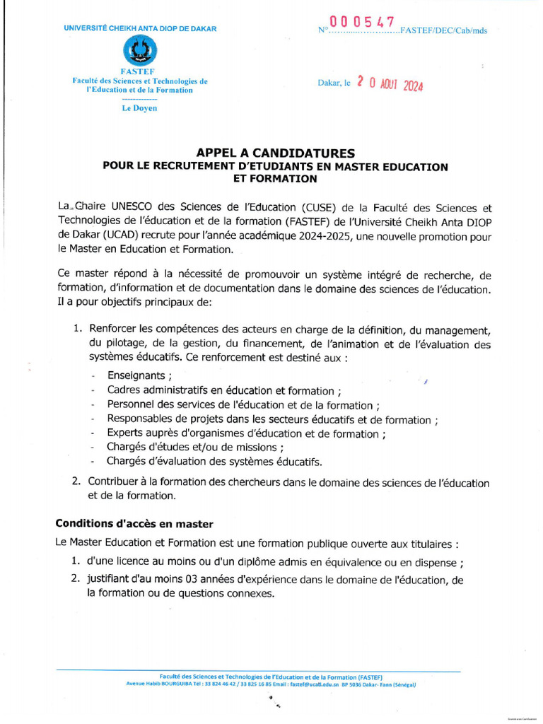 Appel A Candidatures Pour Le Master 1 1 Pdf