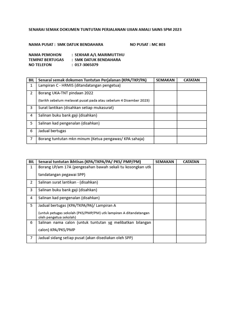 Senarai - Semak - Dokumen - Tuntutan - Perjalanan - Ujian - Amali
