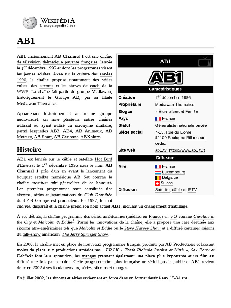 Histoire: AB1 Anciennement AB Channel 1 Est Une Chaîne | PDF