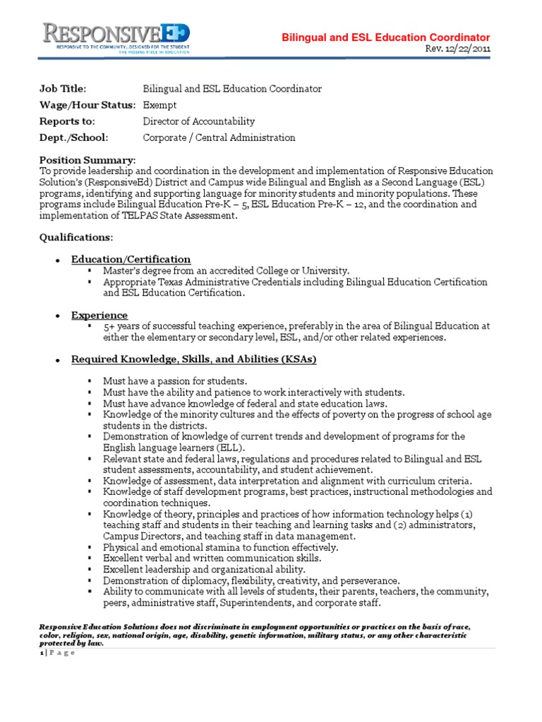Bilingual And ESL Education Coordinator Job Description 12 22 2011 English As A Second Or 