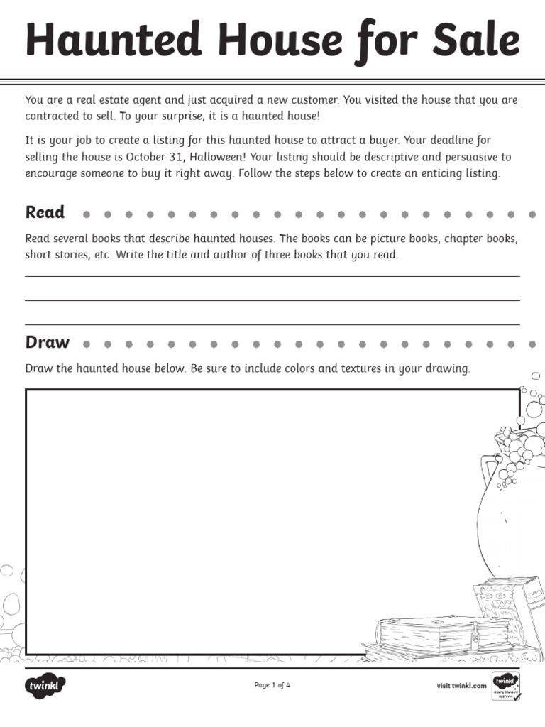 B&W Haunted House For Sale Descriptive And Persuasive Writing Activity