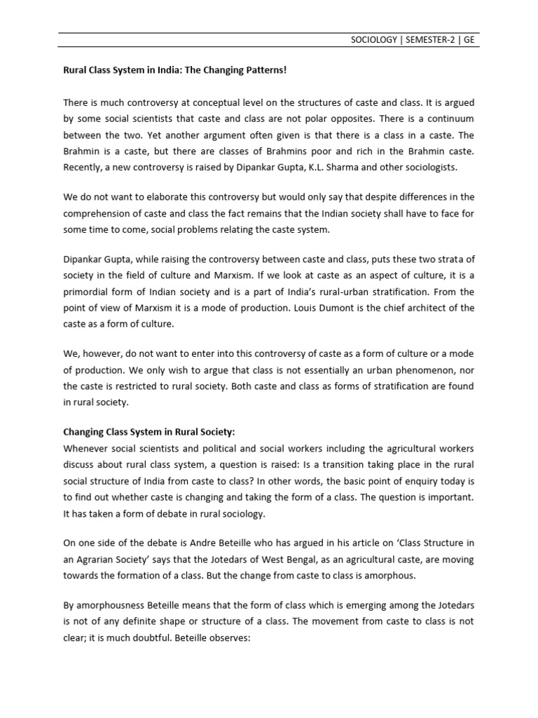 Sociology GE Sem-II Rural Class System in India | PDF