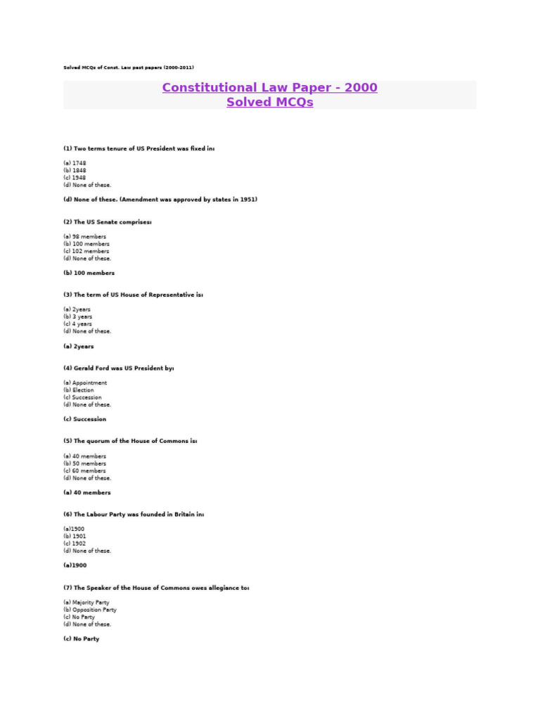 Solved MCQs of Const | PDF