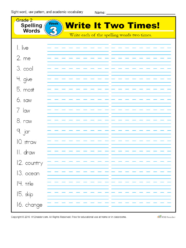 Second Grade Spelling Words List - Week 3 - K12reader | PDF