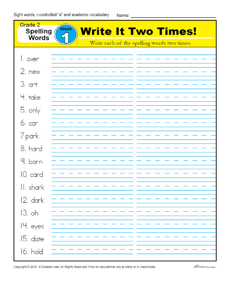 Second Grade Spelling Words List - Week 1 - K12reader | PDF