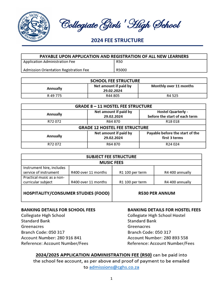 School Fee Structure 2024 With EFT Details | PDF