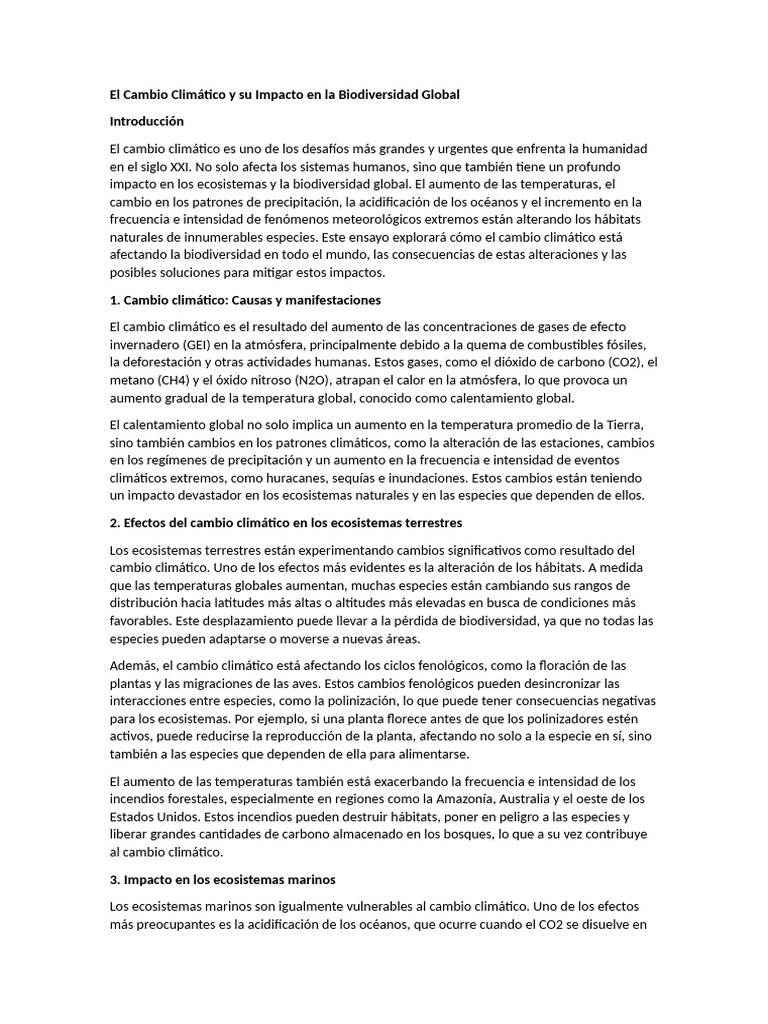 El Cambio Climático y Su Impacto en La Biodiversidad Global | PDF
