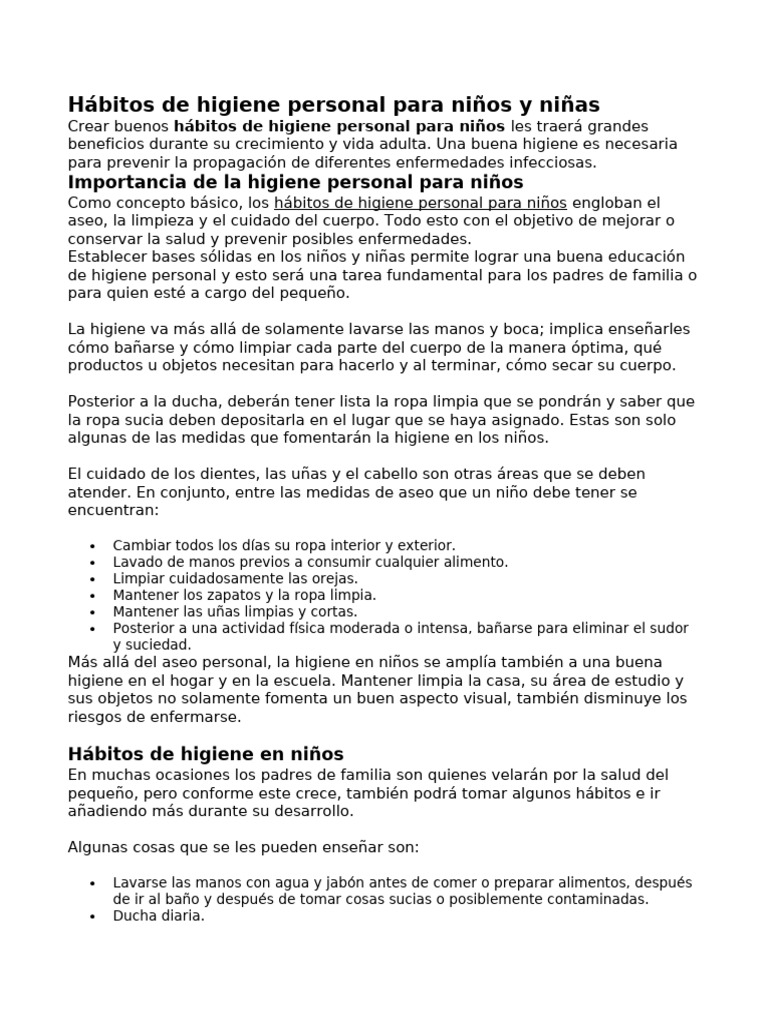 Hábitos De Higiene Personal Para Niños Y Niñas Pdf