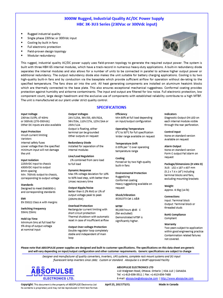 3000w Rugged Industrial Quality Ac Dc Power Supply Hbc 3k 3u3 Series