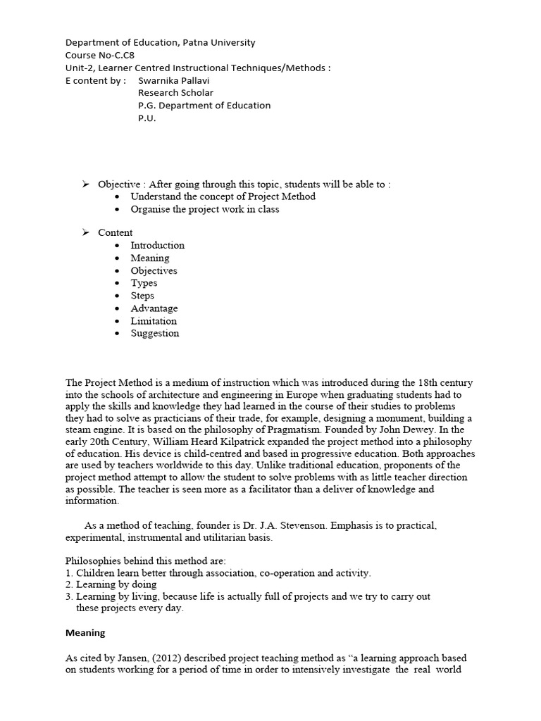Project Method in Education | PDF | Teachers | Art