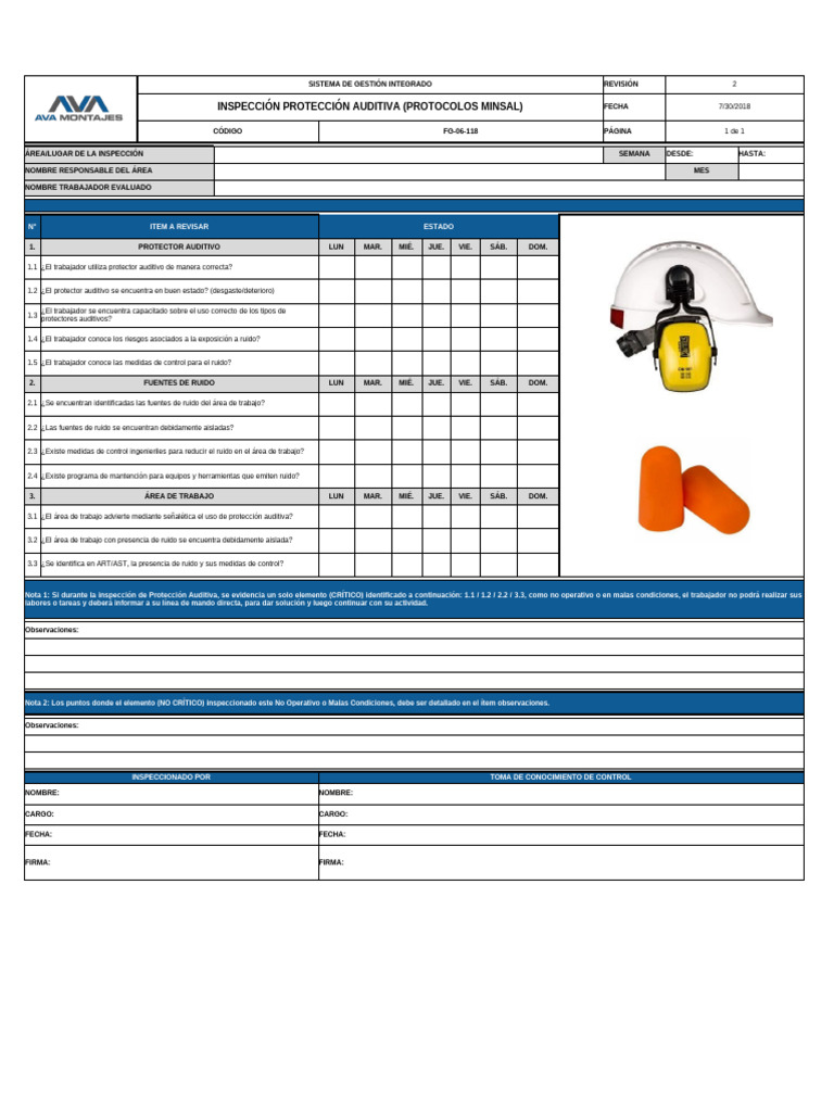 FG-06-118 Check List Protección Auditiva (Minsal) Rev 2 | PDF
