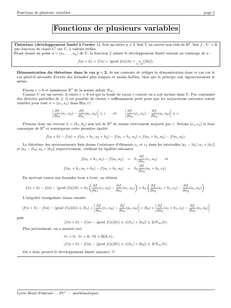 Fonctions de Plusieurs Variables - Quelques Démonstrations (Version Du ...