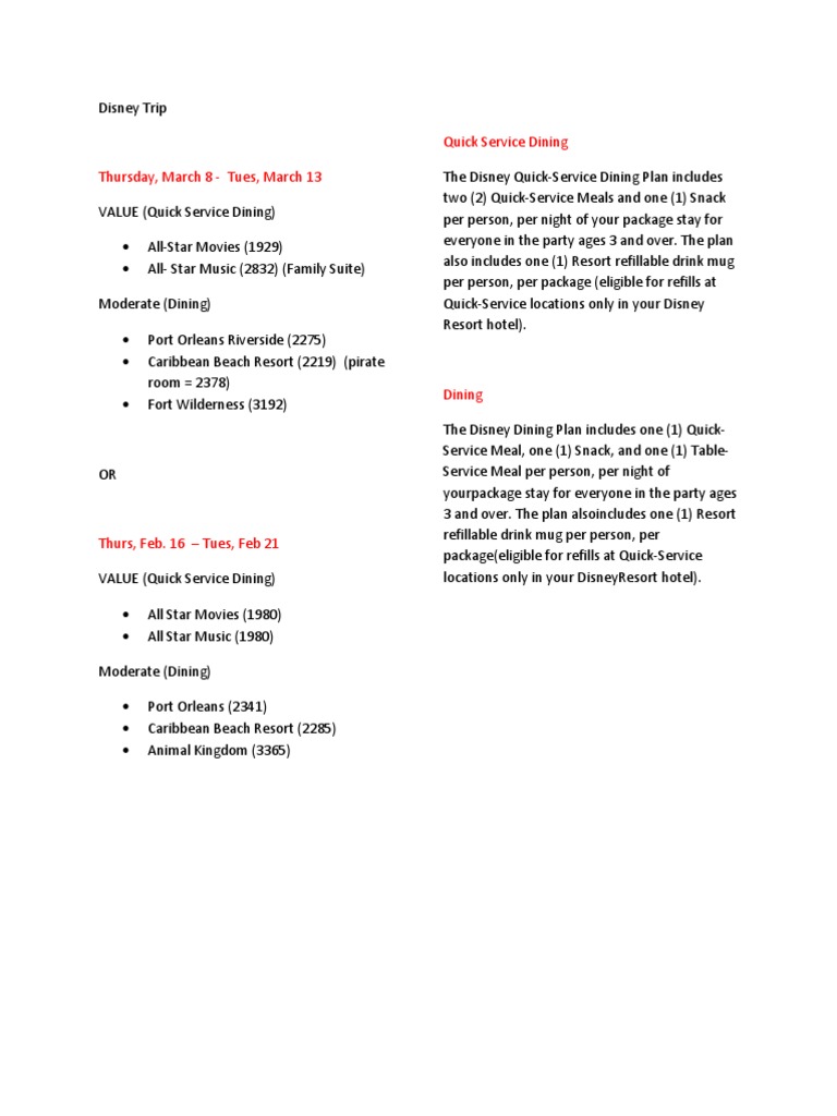 Disney Quick Service Dining Plans 2024-2025 | PDF