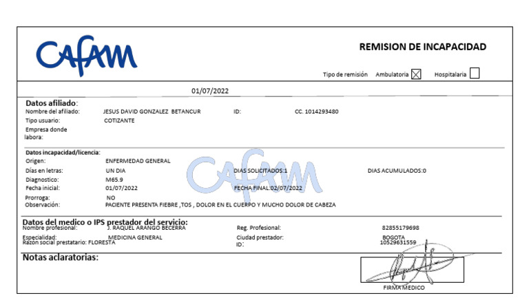 Remisión de Incapacidad Médica CAFAM | PDF | Finanzas y dinero