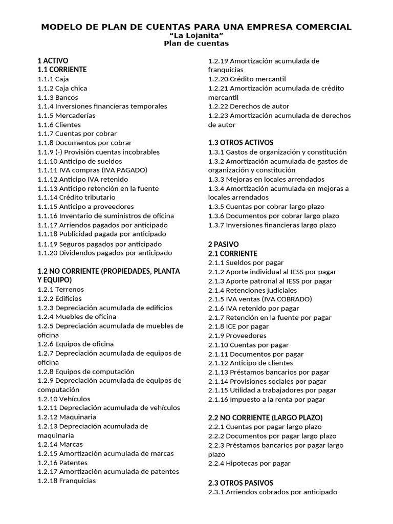 Plan de Cuentas para Empresa Comercial | PDF | Depreciación ...