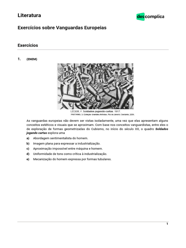 VOD - Exercícios Sobre Vanguardas Europeias - 2021 | PDF