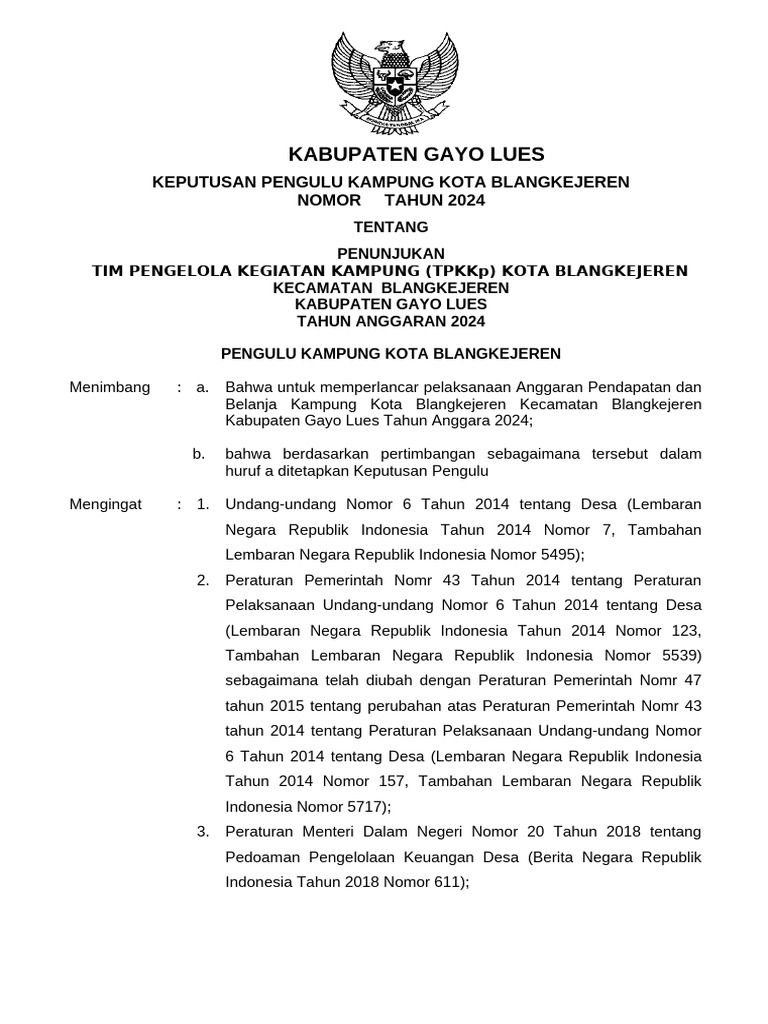 Contoh Sk Pejabat Pelaksana Teknis Kegiatan Kampung Pptkp Pdf
