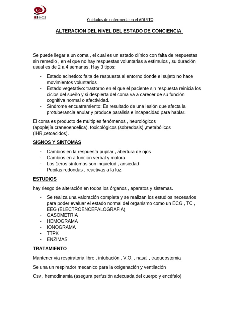 Alteracion Del Nivel Del Estado de Conciencia | PDF