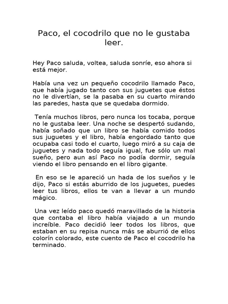 Paco El Cocodrilo Que No Le Gustaba Leer | PDF