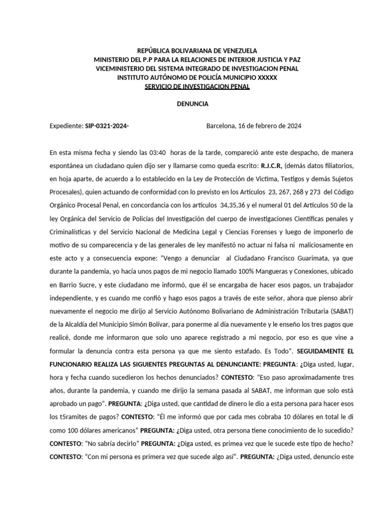 Modelo Denuncia Estafa | PDF